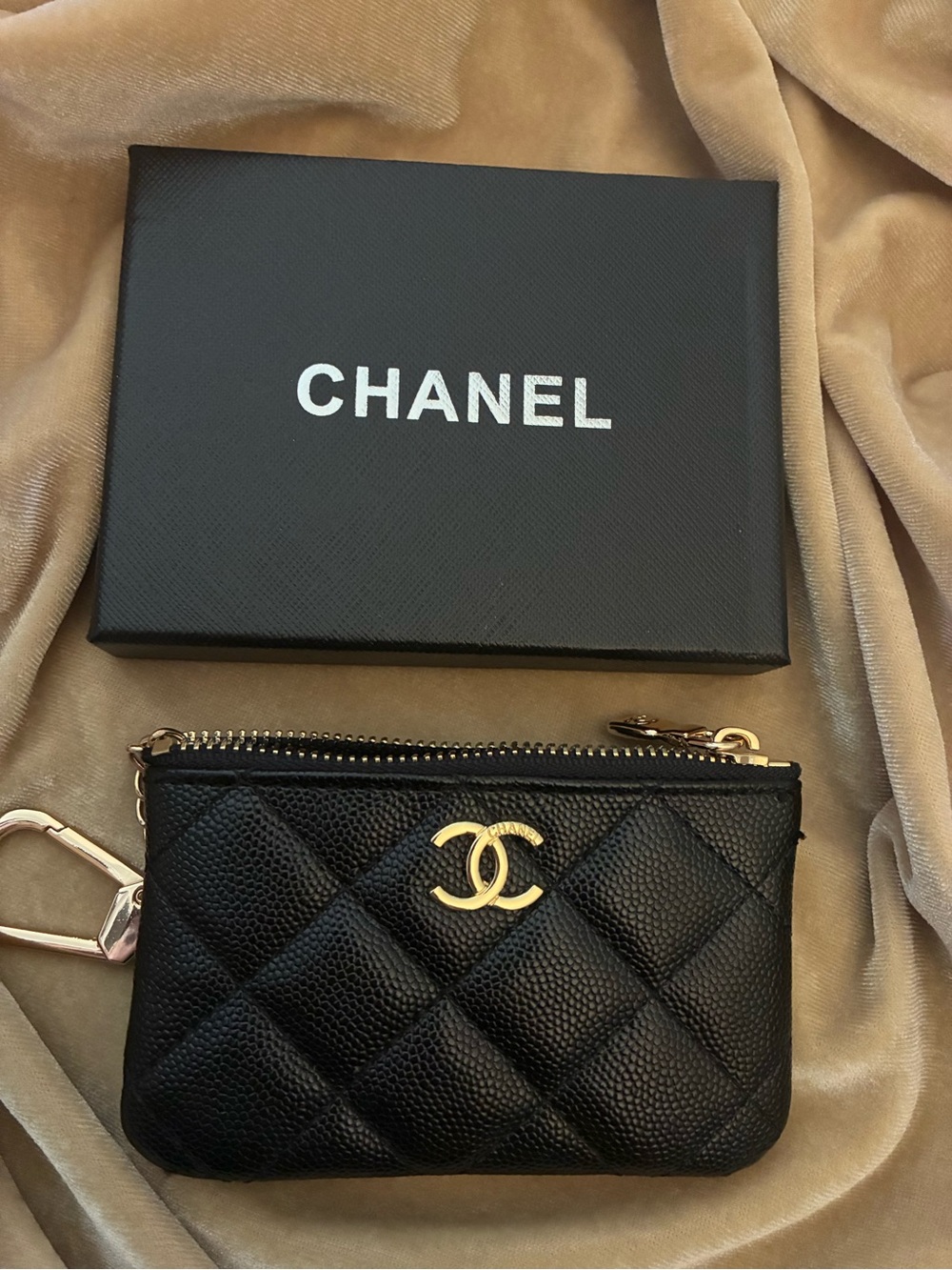 Black Quilted  Card Pouch / Keychain with Gold CC Hardware